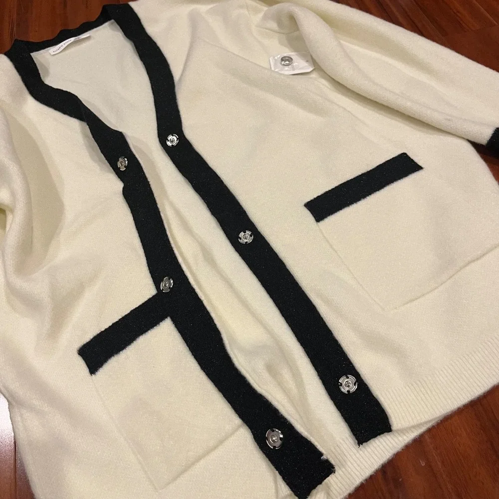 Altard State Cardigan Sweater Cream Black Trim Rich Girl Cozy Knit New Sz Medium